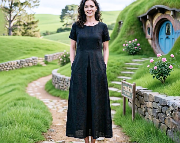 Anysize Custom 100% Linen Dress for Women Pleated Waist A-Line Dress Fitted Waist Casual Summer Dress with Pockets Plus Size Dress F82VL