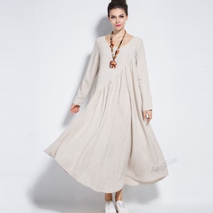 Anysize long sleeves dirndl skirt linen cotton maxi dress with side pockets plus size for spring women's dress plus size clothing F40TE