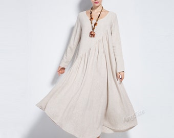 Anysize long sleeves dirndl skirt linen cotton maxi dress with side pockets plus size for spring women&#39;s dress plus size clothing Y66E