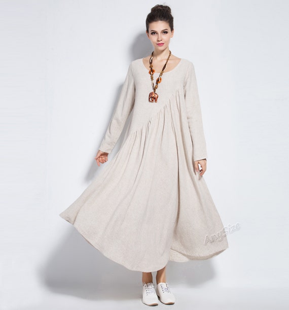 Anysize long sleeves dirndl skirt linen cotton maxi dress with side pockets plus size for spring women's dress plus size clothing F40TE Anysize long sleeves dirndl skirt linen cotton maxi dress with side pockets plus size for spring women's dress plus size clothing F40TE