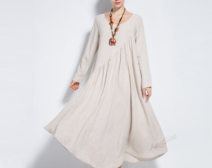 Anysize long sleeves dirndl skirt linen cotton maxi dress with side pockets plus size for spring women's dress plus size clothing Y66E