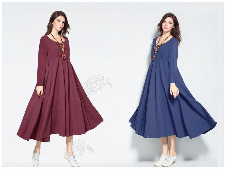 Anysize long sleeves linen cotton maxi dress spring fall winter dress winter clothing plus size dress plus size clothing F309A 