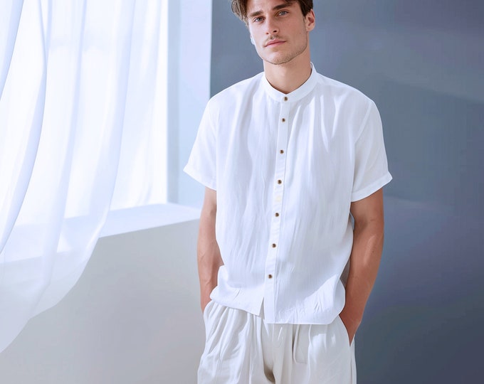 Anysize custom 100% linen mens shirt short sleeves classic casual loose spring summer t-shirts plus size tops plus size clothing F1001L