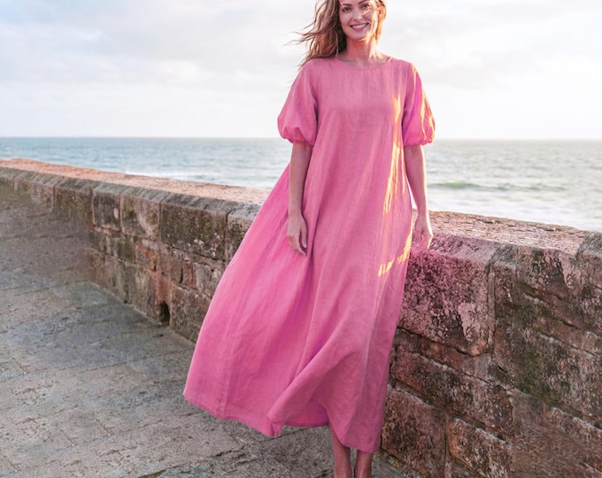 Anysize Custom 100% Linen Long Dress Relaxed Puff Sleeve Maxi Dress Coastal Minimalist Summer Dress Plus Size Dress Plus Size Clothing F13UL