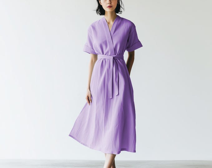 Anysize custom half sleeves soft linen cotton dress with side pockets V neck spring summer fall plus size dress plus size clothing F98CQ