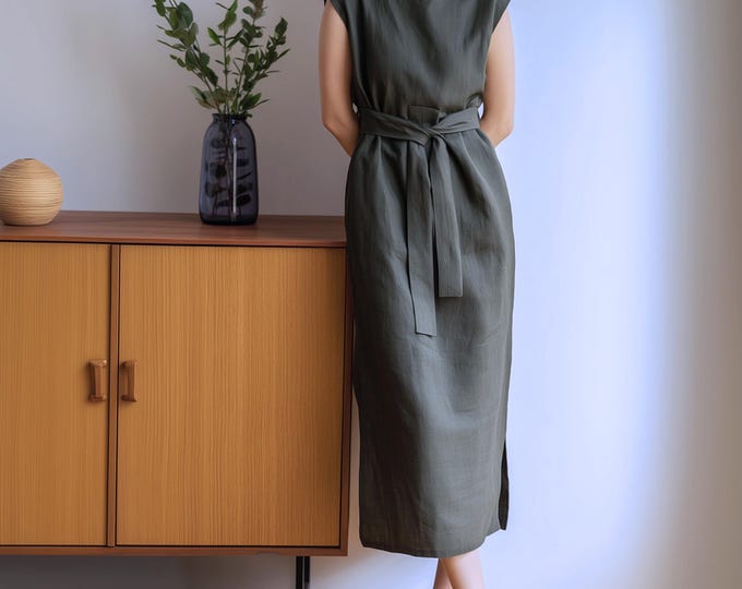Anysize custom 100% linen boat neck dress cap sleeves summer dress with side pockets belt plus size dress plus size clothing F85JL