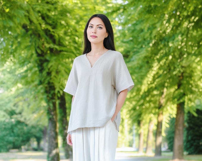 Anysize custom 100% linen tops v neck shirt loose tops short sleeves linen blouse summer plus size tops plus size clothing F1JL