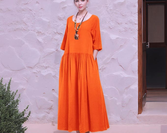 Anysize soft linen cotton loose dress with side pockets spring summer fall pleated dress plus size dress plus size clothing F150Q