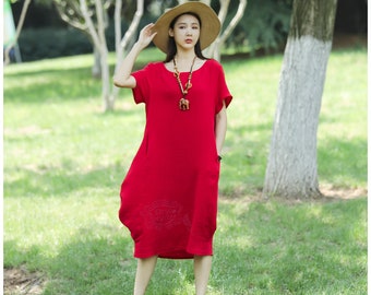 Anysize design with side pockets summer comfortable fabric loose dress for ladies with short sleeves plus size clothing T129A