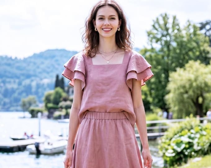 Anysize Custom 100% Linen Flutter Sleeve Top Women Square Neck Linen Blouse Feminine Summer Top Lightweight Linen Shirt F55WL