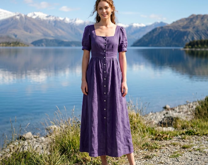 Anysize Custom 100% Linen Maxi Dress Square Neck Button Down Front With Puff Sleeve Linen Dress A-Line Summer Dress with Pockets F13WL
