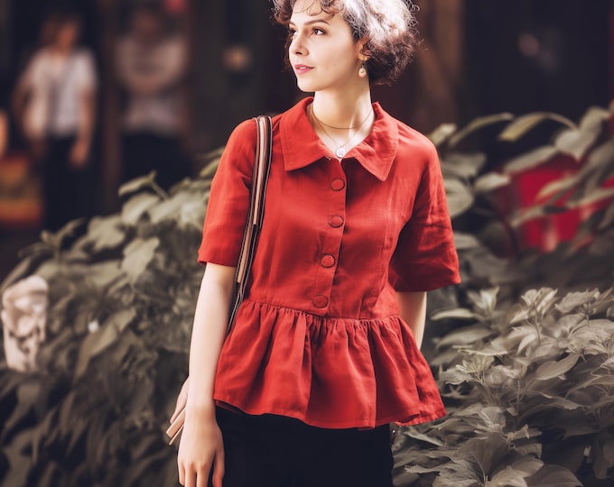 Anysize custom 100% linen blouse collared shirt buttond up short sleeves loose shirt summer pleated plus size tops plus size clothing F26DL