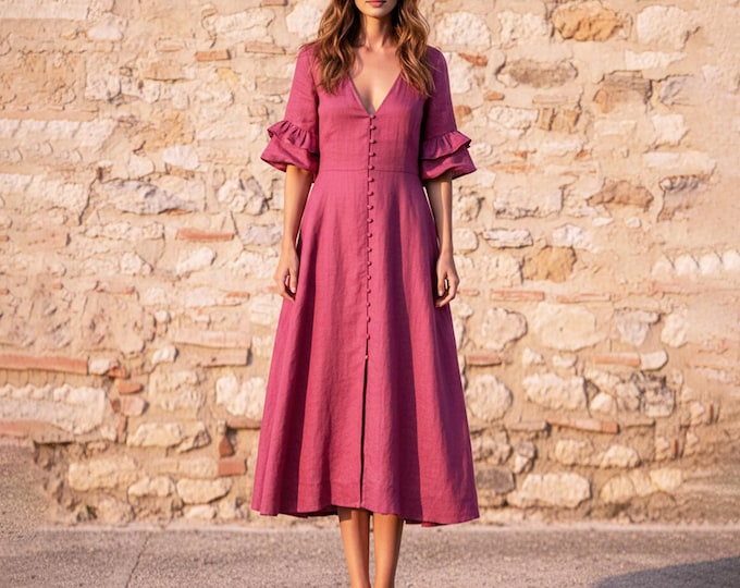 Anysize Custom 100% Linen Button Front Dress V Neck A Line Midi Dress Ruffle Sleeve Summer Dress Plus Size Dress Plus Size Clothing F54UL