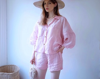 Anysize custom 100% linen 3/4 puff sleeves blouses lovely casual loose summer shirt plus size tops plus size clothing F456L