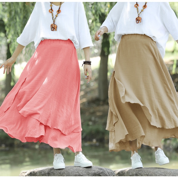 Anysize long skirt with elastic waist double layer soft linen cotton spring summer fall skirt plus size skirt plus size clothing P63F