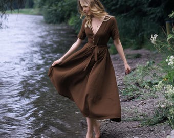 Anysize custom 100% linen deep v neck maxi dress with pockets buttoned short sleeves spring summer plus size dress plus size clothing F53DL