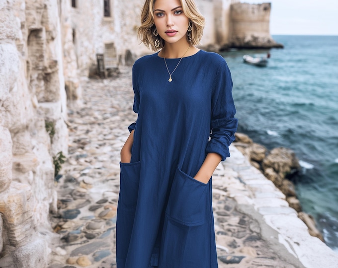 Anysize custom soft linen cotton midi dress long sleeves plus size dress with patch pockets spring fall plus size clothing F87PE