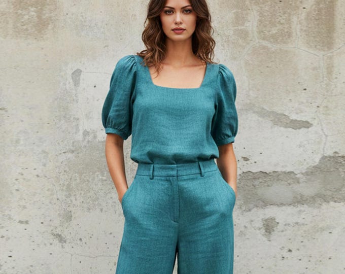 Anysize Custom 100% Linen Blouse Square Neck Puff Sleeve Top Minimalist Summer Linen Shirt Plus Size Shirt Plus Size Clothing F61UL