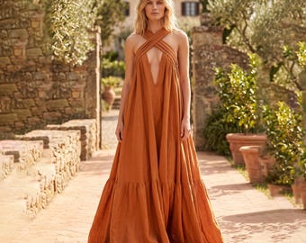 Anysize Custom 100% Linen Halter Dress Cross Neck Backless Dress Flowy Dress Summer Vacation Beach Wedding Resort Wear Plus Size Dress F39HL