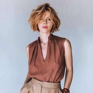 Anysize custom 100% linen sleeveless tops V neck pleated neck loose tops summer linen tank plus size tops plus size clothing F81JL