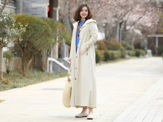 Anysize 100% Linen Hooded Coat Spring Fall Maxi Loose Windbreaker