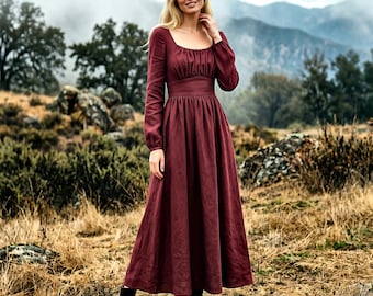Anysize Custom Linen Cotton Maxi Dress With Pockets Square Neck Long Sleeve A Line Dress Back Zipper Fall Winter Plus Size Dress F44HN