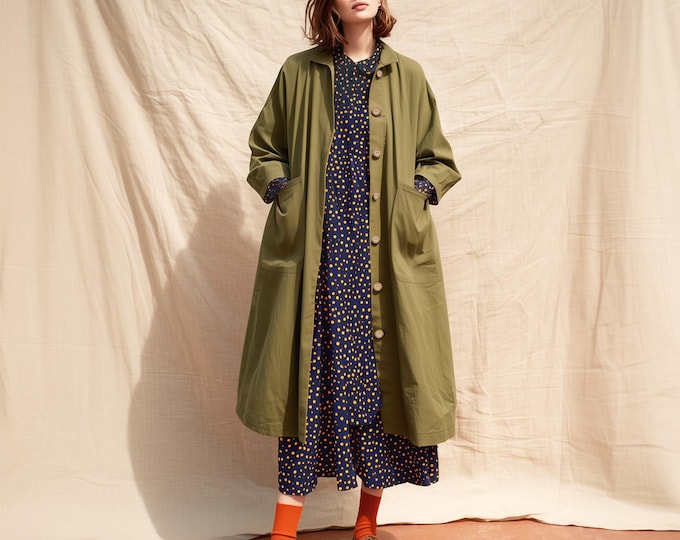 Anysize custom linen cotton coat with patch pockets buttoned loose jacket spring fall plus size coat plus size clothing F25PN