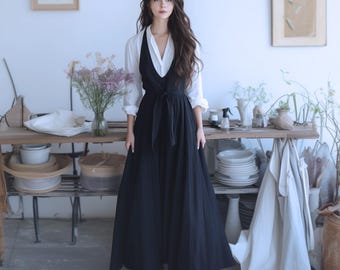 Anysize custom cotton linen vest dress deep V neck with side pockets belted spring fall plus size dress plus size clothing F603N
