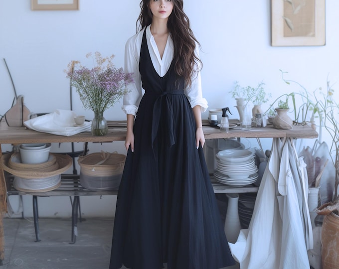 Anysize custom cotton linen vest dress deep V neck with side pockets belted spring fall plus size dress plus size clothing F603N
