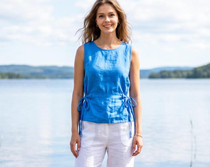 Anysize Custom 100% Linen Tank Top Side Tie Linen Top Sleeveless Summer Top Adjustable Waist Blouse Minimalist Casual Linen Top F32WL