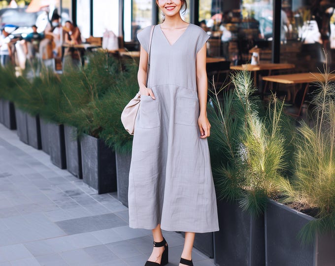 Anysize custom V neck 100% linen cap sleeves summer maxi dress with patch pockets plus size dress plus size clothing F73DL