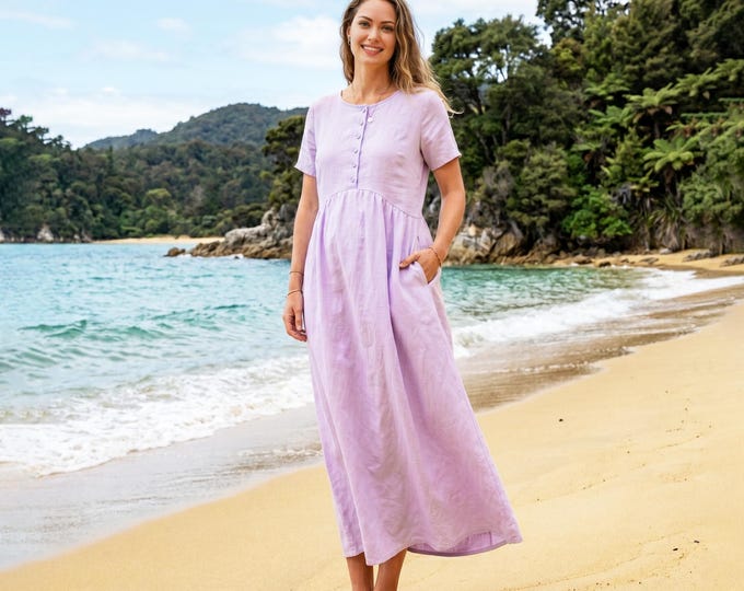 Anysize Custom 100% Linen Maternity Nursing Maxi Dress Breastfeeding Friendly Dress Summer Button Front A-Line Dress with Pockets F88VL