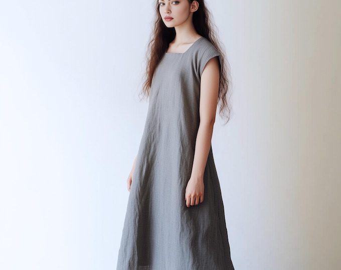 Anysize custom 100% linen cap sleeves summer long dress with side pockets plus size dress plus size clothing F35CL