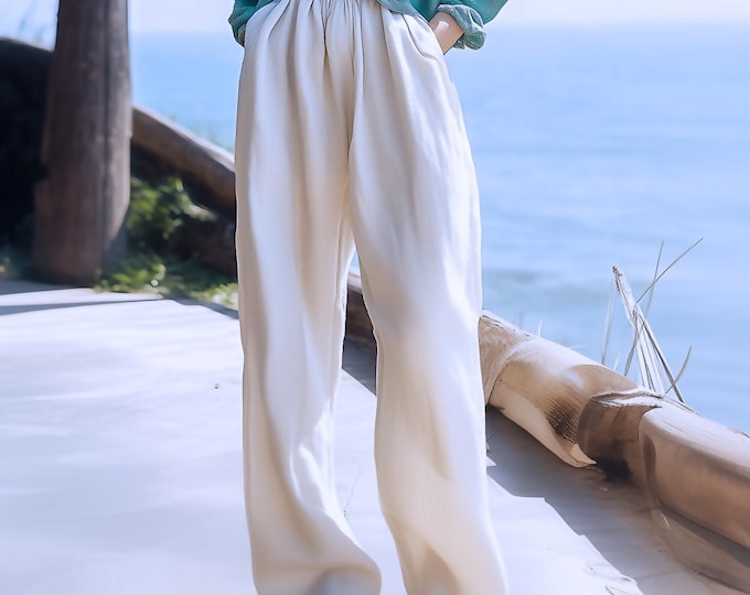 Anysize custom 100% linen pants floor length with pockets high elastic waist spring summer plus size pants plus size clothing F43AL