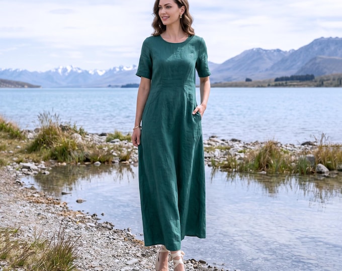 Anysize Custom 100% Linen Elegant Summer Dress Short Sleeve Fitted Waist Dress Minimalist A-Line Plus Size Dress With Pockets F5WL