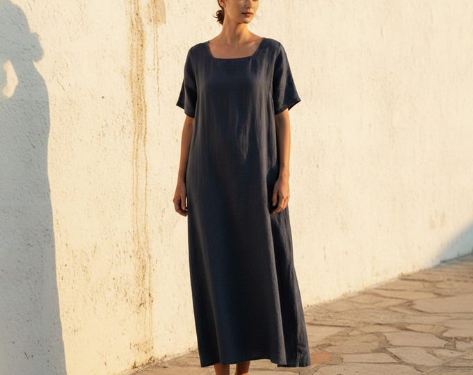 Anysize Custom 100% Linen Minimal Maxi Dress Short Sleeve Loose Fit Casual Summer Everyday Dress Plus Size Dress Plus Size Clothing F43UL