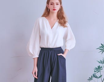 Anysize custom v neck linen cotton shirt with 3/4 puff sleeves plus size blouse plus size tops plus size clothing spring fall tops F597N