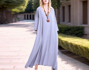 Anysize 3/4 sleeves soft linen cotton dress with side pockets spring summer fall plus size dress plus size clothing F175E