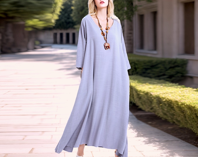 Anysize 3/4 sleeves soft linen cotton dress with side pockets spring summer fall plus size dress plus size clothing F175E