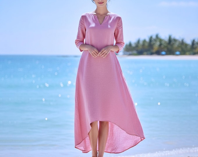 Anysize Custom 100% Linen Linen High Low Dress 3/4 Sleeve Loose Summer Dress Beach Vacation Dress Plus Size Dress Plus Size Clothing F53UL