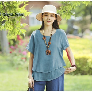 Anysize soft linen cotton summer tee fake two pieces tops loose light plus size clothing T29A