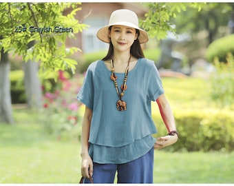 Anysize soft linen cotton summer tee fake two pieces tops loose light plus size clothing T29A