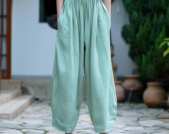 Anysize custom soft linen pants elastic waist loose spring fall long trousers with side pockets plus size pants plus size clothing F557E