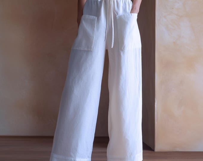 Anysize custom linen cotton loose pants with patch pockets elastic waist plus size pants spring fall plus size trousers F29PN