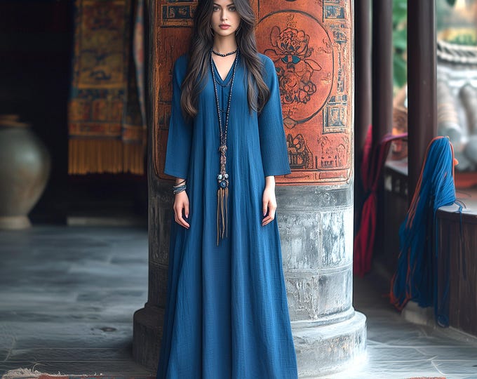 Anysize custom maxi length v neck soft linen cotton plus size dress with side pockets spring fall plus size dress plus size clothing F856E