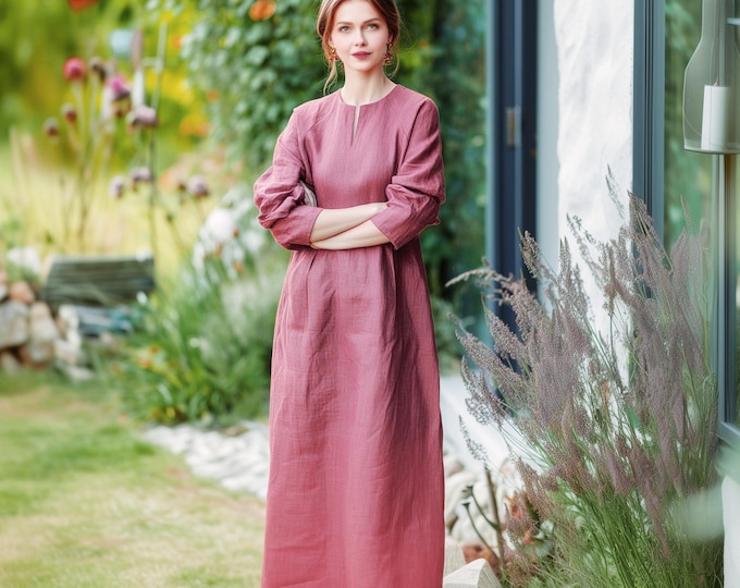 Anysize custom 100% linen maxi dress with side pockets v neck spring summer long sleeves plus size maxi dress plus size clothing F52RL