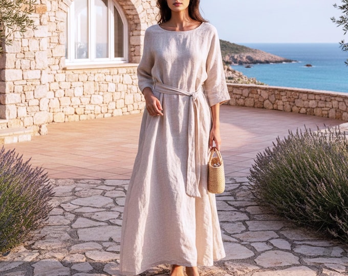 Anysize Custom 100% Linen Maxi Dress with Belt Boat Neck 3/4 Sleeves Relaxed Fit Summer Vacation Dress Plus Size Dress F41UL