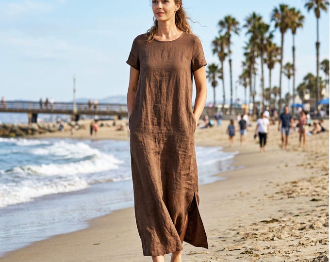 Anysize Custom 100% Linen Maxi Dress Round Neck Short Sleeve Loose Straight Dress with Side Slit Casual Summer Dress with Pockets F76VL