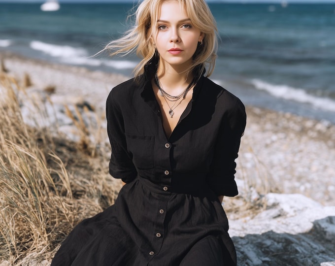 Anysize custom linen cotton collared plus size shirt dress long sleeves with pockets functional buttons spring fall plus size clothing F1SN