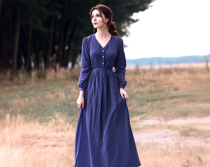 Anysize custom V-neck linen cotton dress buttoned with pockets waist elastic back tie spring fall plus size dress plus size clothing F939N